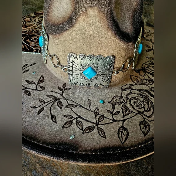 NWT Mocha Hand burned and leather fedora cowboy hat - www  display picture 2